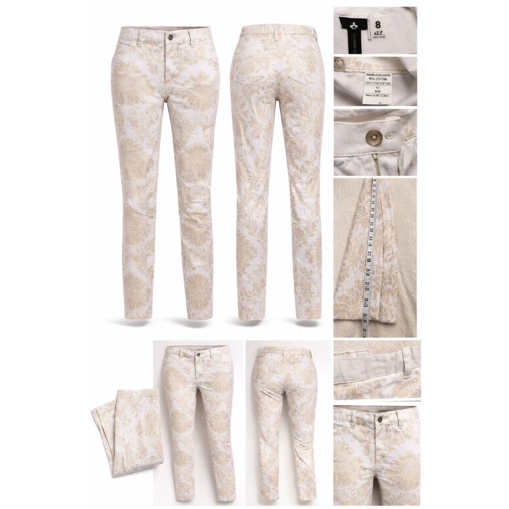 AZI Gold Damask Print Skinny Pants Size 8 Stretch Ankle Pants White Gold
